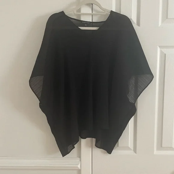 Eileen Fisher Missy Woven Sheer Mesh Plisse V-Neck Top / Poncho in Black Organic - Picture 2 of 6